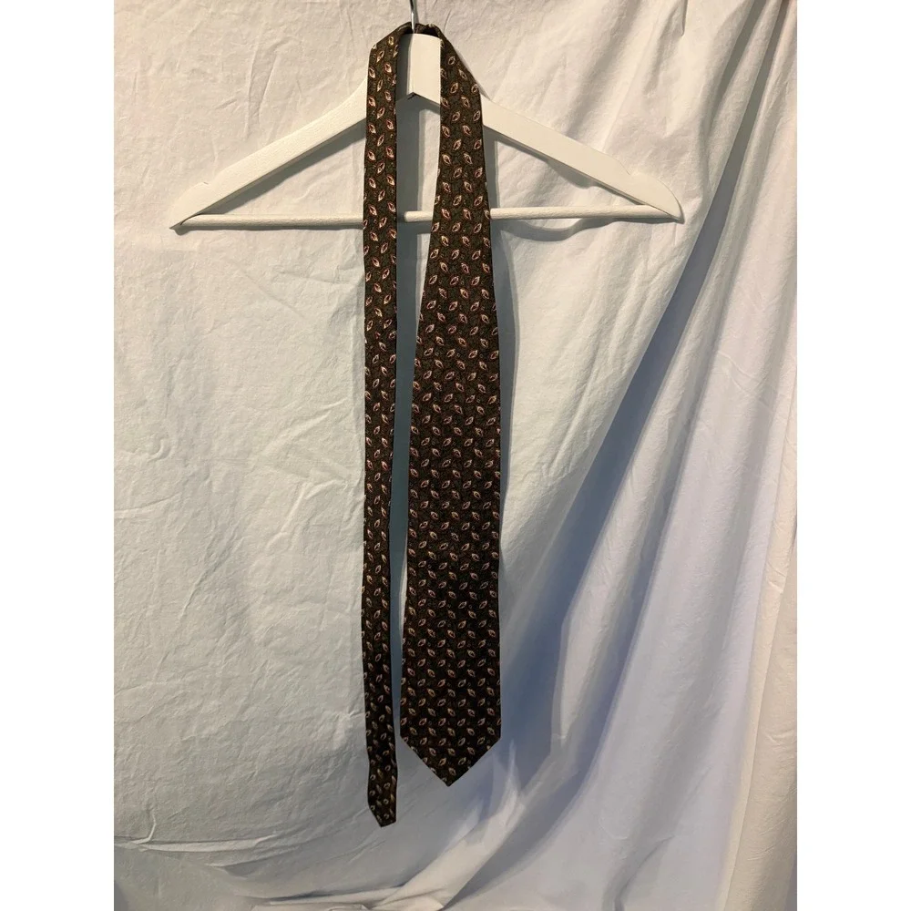Structure‎ Vintage Mens Silk Tie Olive Green Burgundy Gold Geometric Pattern 325